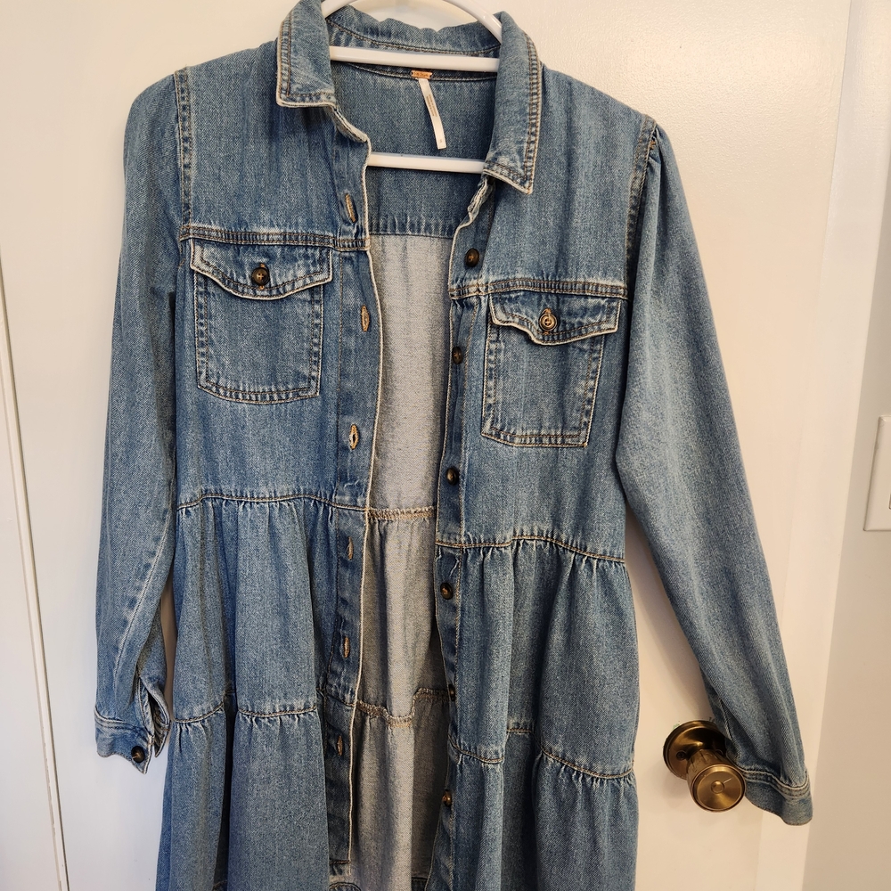 Free People Denim Button Up Dress Long Sleeve